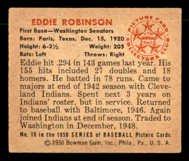 1950 Bowman Baseball #018 Eddie Robinson Senators EX-MT 557273