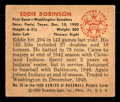 1950 Bowman Baseball #018 Eddie Robinson Senators EX-MT 557273