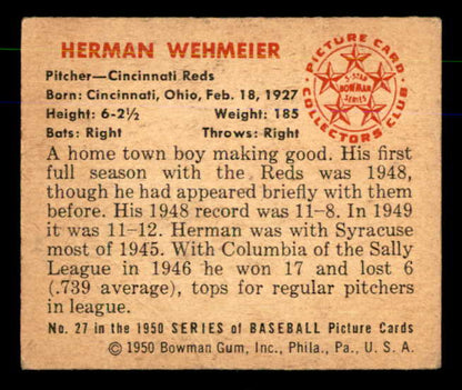 1950 Bowman Baseball #027 Herman Wehmeier Reds EX-MT 557275