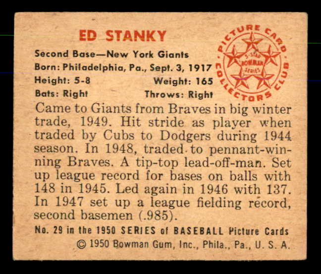 1950 Bowman Baseball #029 Eddie Stanky Giants EX-MT 557276