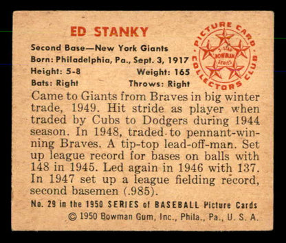 1950 Bowman Baseball #029 Eddie Stanky Giants EX-MT 557276
