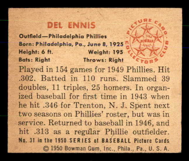 1950 Bowman Baseball #031 Del Ennis Phillies EX-MT 557278