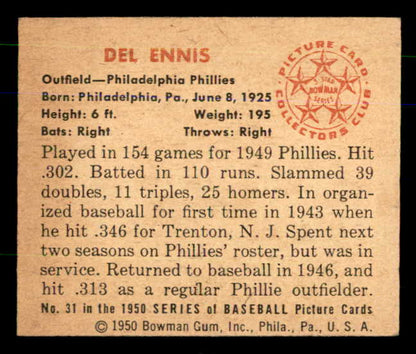 1950 Bowman Baseball #031 Del Ennis Phillies EX-MT 557278