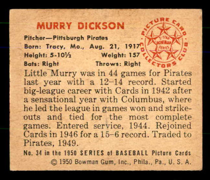 1950 Bowman Baseball #034 Murry Dickson Pirates EX-MT 557279