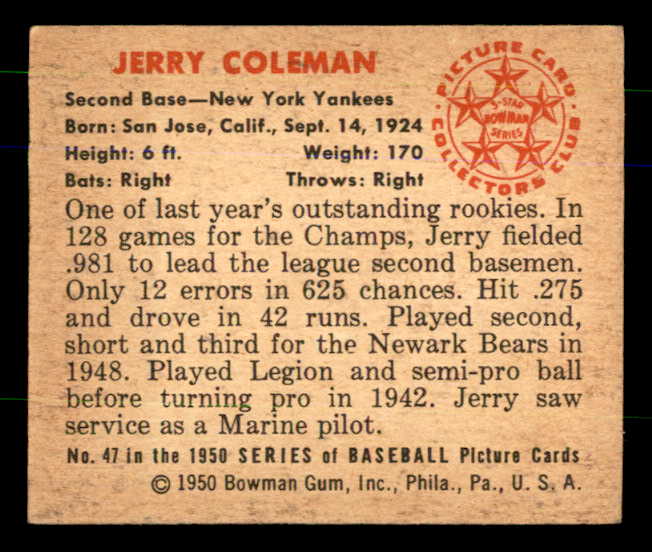 1950 Bowman Baseball #047 Jerry Coleman Yankees EX 557284
