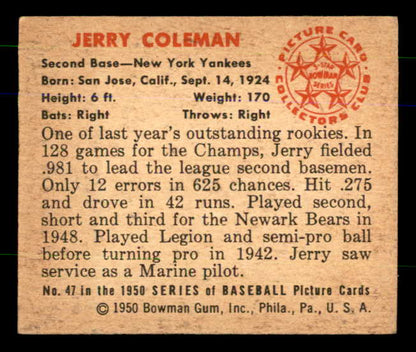 1950 Bowman Baseball #047 Jerry Coleman Yankees EX 557284