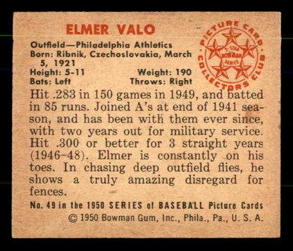 1950 Bowman Baseball #049 Elmer Valo A's EX-MT 557285