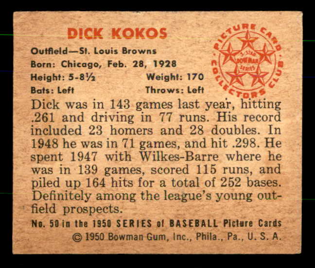 1950 Bowman Baseball #050 Dick Kokos Browns EX+/EX-MT 557286