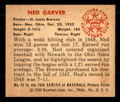 1950 Bowman Baseball #051 Ned Garver Browns EX+/EX-MT 557287