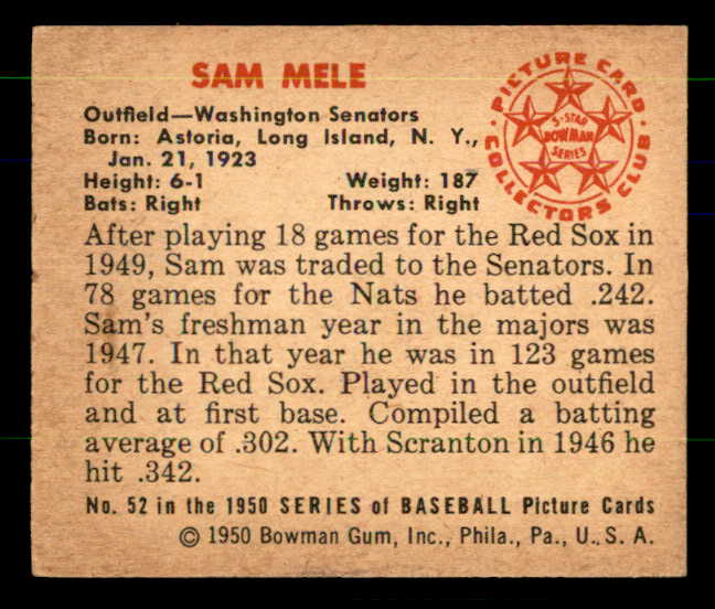 1950 Bowman Baseball #052 Sam Mele Senators EX-MT 557288