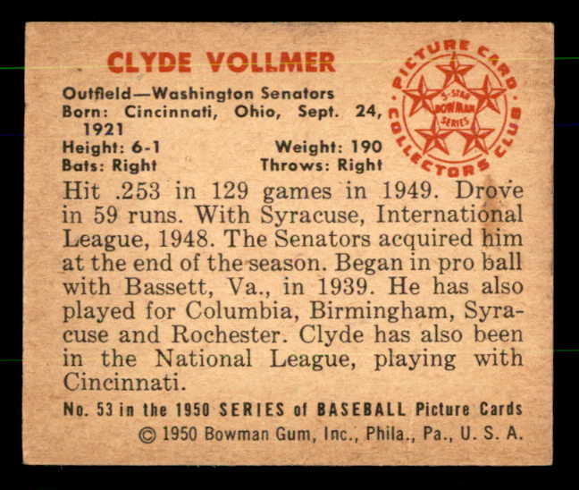 1950 Bowman Baseball #053 Clyde Vollmer Senators EX-MT 557289