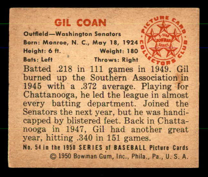 1950 Bowman Baseball #054 Gil Coan Senators EX-MT 557290
