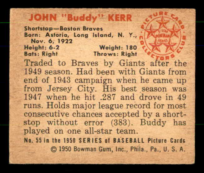 1950 Bowman Baseball #055 Buddy Kerr Braves EX-MT 557291