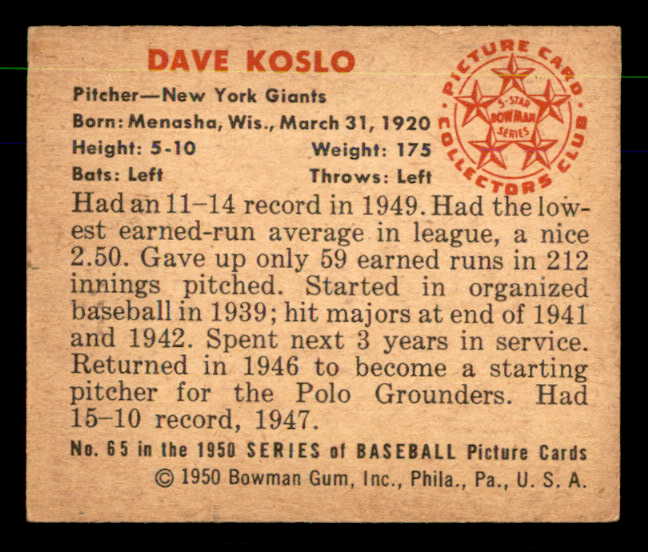 1950 Bowman Baseball #065 Dave Koslo Giants EX-MT 557296