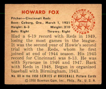 1950 Bowman Baseball #080 Howie Fox Reds EX-MT 557299