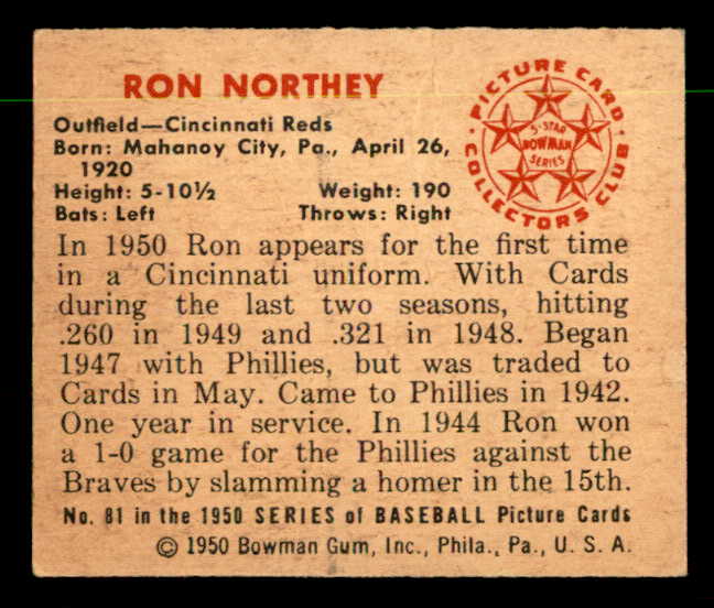 1950 Bowman Baseball #081 Ron Northey Reds EX-MT 557300