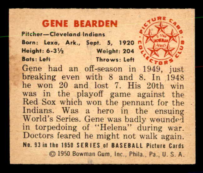 1950 Bowman Baseball #093 Gene Bearden Indians EX-MT 557303