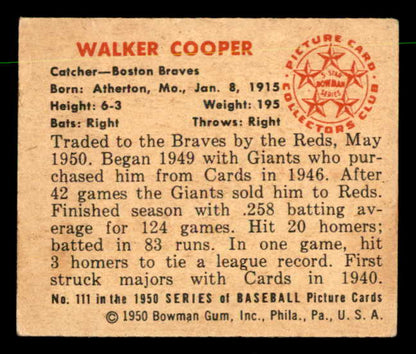 1950 Bowman Baseball #111 Walker Cooper Braves EX-MT 557306