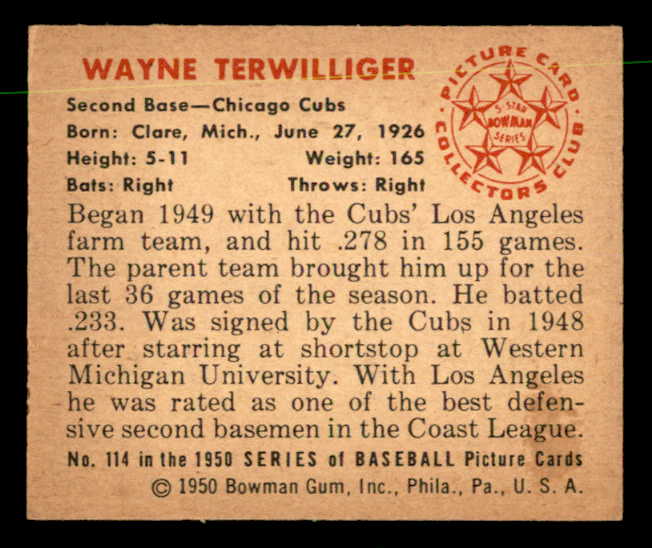 1950 Bowman Baseball #114 Wayne Terwilliger Cubs EX-MT 557308