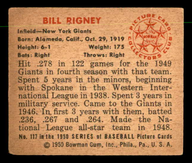 1950 Bowman Baseball #117 Bill Rigney Giants EX-MT 557309