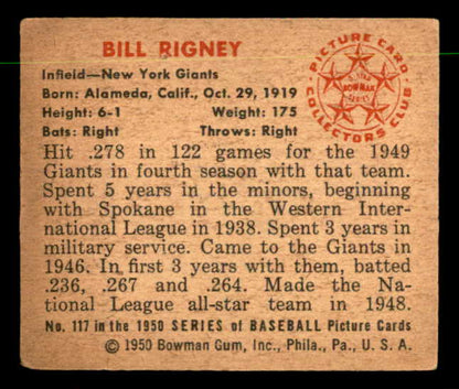 1950 Bowman Baseball #117 Bill Rigney Giants EX-MT 557309