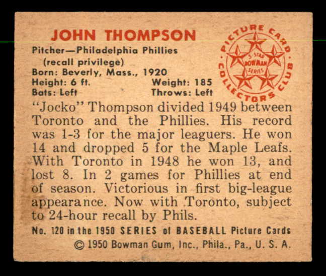 1950 Bowman Baseball #120 Jocko Thompson Phillies EX-MT 557311