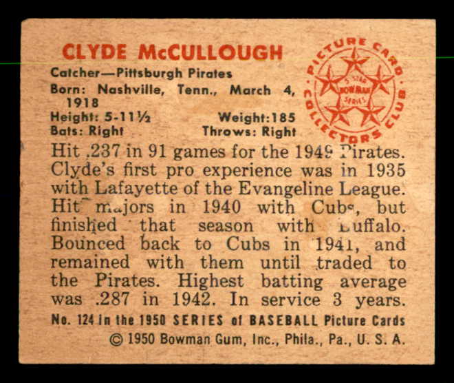 1950 Bowman Baseball #124 Clyde Mccullough Pirates EX-MT 557312
