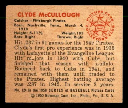 1950 Bowman Baseball #124 Clyde Mccullough Pirates EX-MT 557312