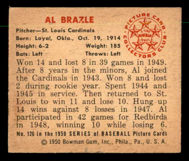1950 Bowman Baseball #126 Al Brazle Cardinals EX-MT 557313