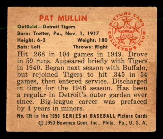 1950 Bowman Baseball #135 Pat Mullin Tigers EX-MT 557315