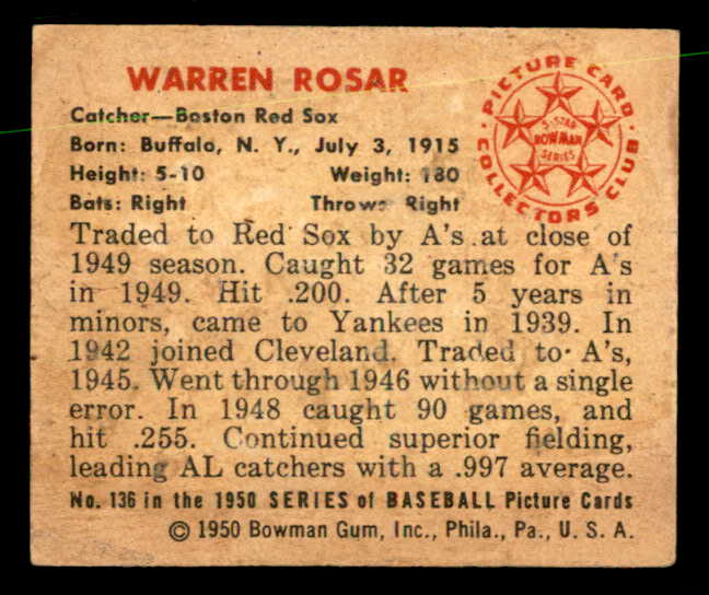 1950 Bowman Baseball #136 Warren Rosar Red Sox EX-MT 557316