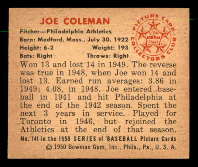 1950 Bowman Baseball #141 Joe Coleman A's EX-MT 557318