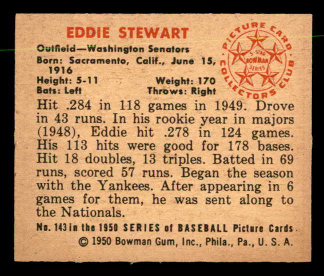 1950 Bowman Baseball #143 Eddie Stewart Senators EX-MT 557320