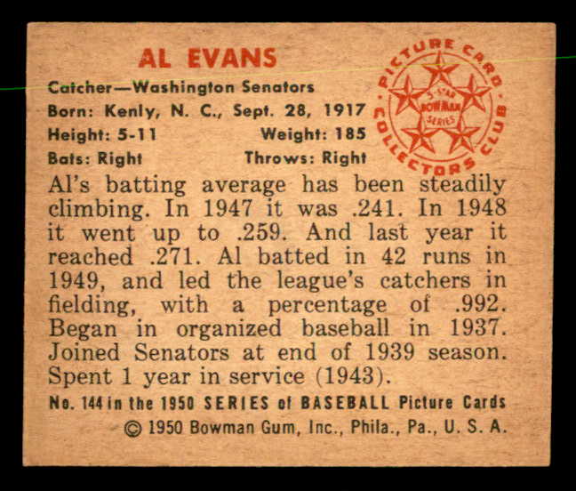 1950 Bowman Baseball #144 Al Evans Senators EX-MT 557321