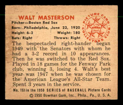 1950 Bowman Baseball #153 Walt Masterson Red Sox EX-MT 557326