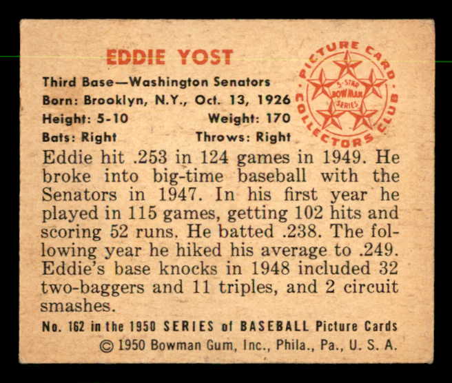 1950 Bowman Baseball #162 Eddie Yost Senators EX-MT 557328