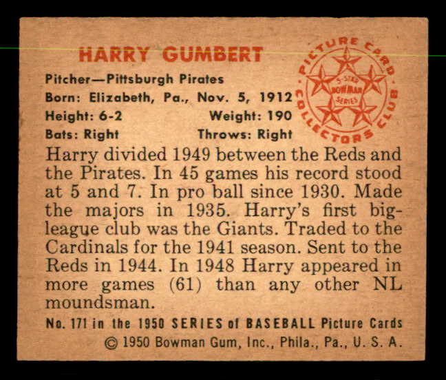 1950 Bowman Baseball #171 Harry Gumbert Pirates EX-MT 557329