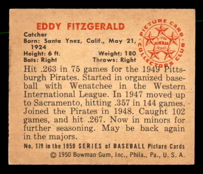 1950 Bowman Baseball #178 Ed Fitzgerald Pirates EX-MT 557335