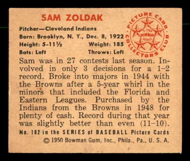 1950 Bowman Baseball #182 Sam Zoldak Indians EX-MT 557337