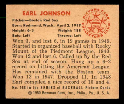 1950 Bowman Baseball #188 Earl Johnson Red Sox EX-MT 557341