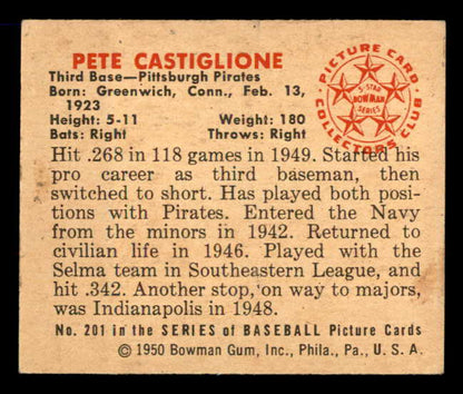 1950 Bowman Baseball #201 Pete Castiglione Pirates EX-MT 557351