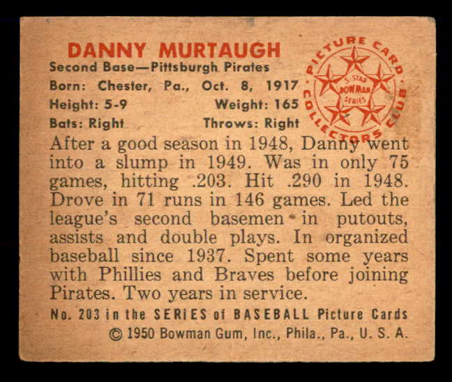 1950 Bowman Baseball #203 Danny Murtaugh Pirates EX-MT 557353