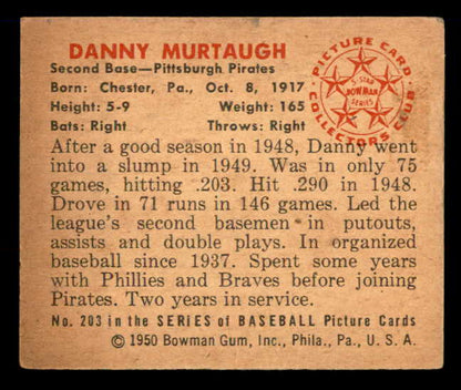 1950 Bowman Baseball #203 Danny Murtaugh Pirates EX-MT 557353