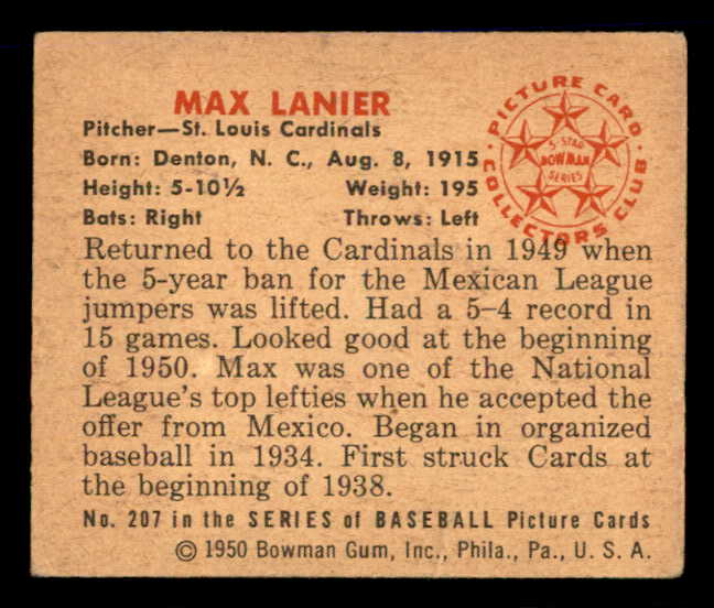 1950 Bowman Baseball #207 Max Lanier Cardinals VG-EX 557355