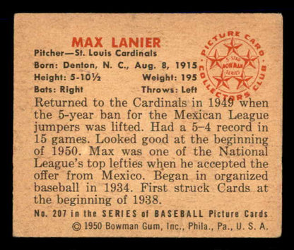 1950 Bowman Baseball #207 Max Lanier Cardinals VG-EX 557355