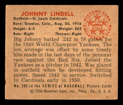 1950 Bowman Baseball #209 Johnny Lindell Cardinals EX-MT 557357