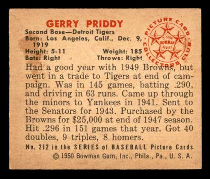 1950 Bowman Baseball #212 Jerry Priddy Tigers EX-MT 557359