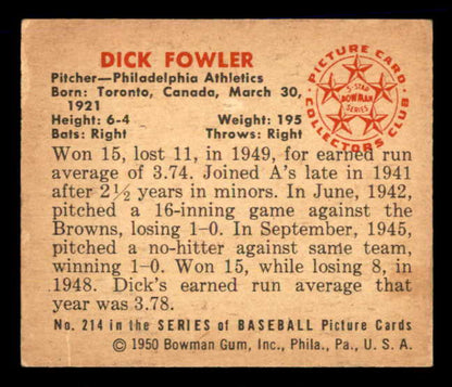 1950 Bowman Baseball #214 Dick Fowler A's EX-MT 557361