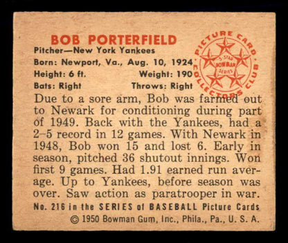 1950 Bowman Baseball #216 Bob Porterfield Yankees EX-MT 557362