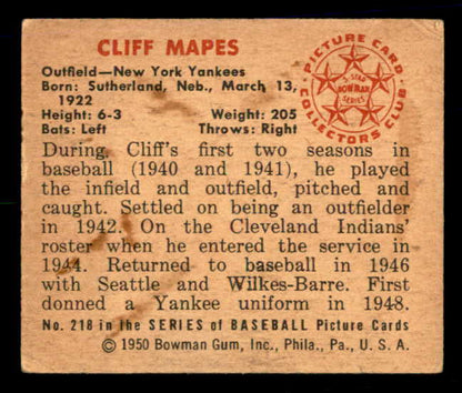 1950 Bowman Baseball #218 Cliff Mapes Yankees VG-EX 557363